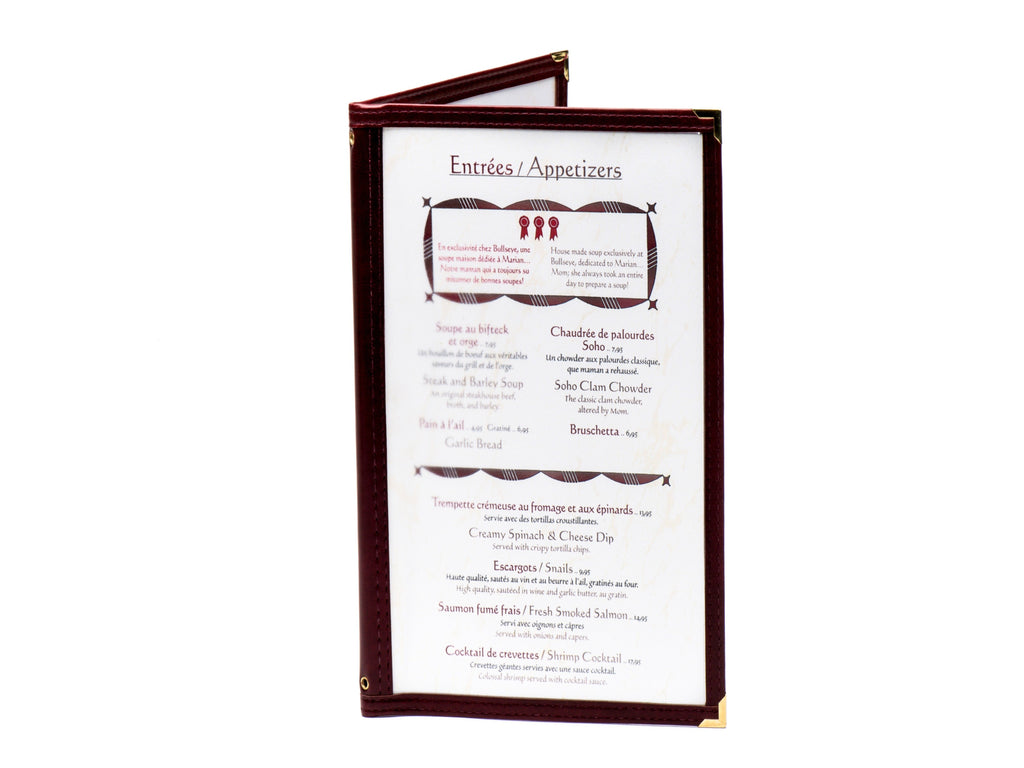 Carte à fenêtre 4 vues ouverte, contour bordeaux et menu imprimé