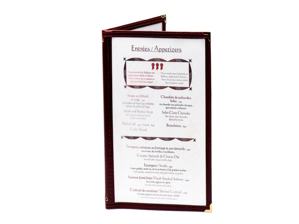 Carte à fenêtre 4 vues ouverte, contour bordeaux et menu imprimé